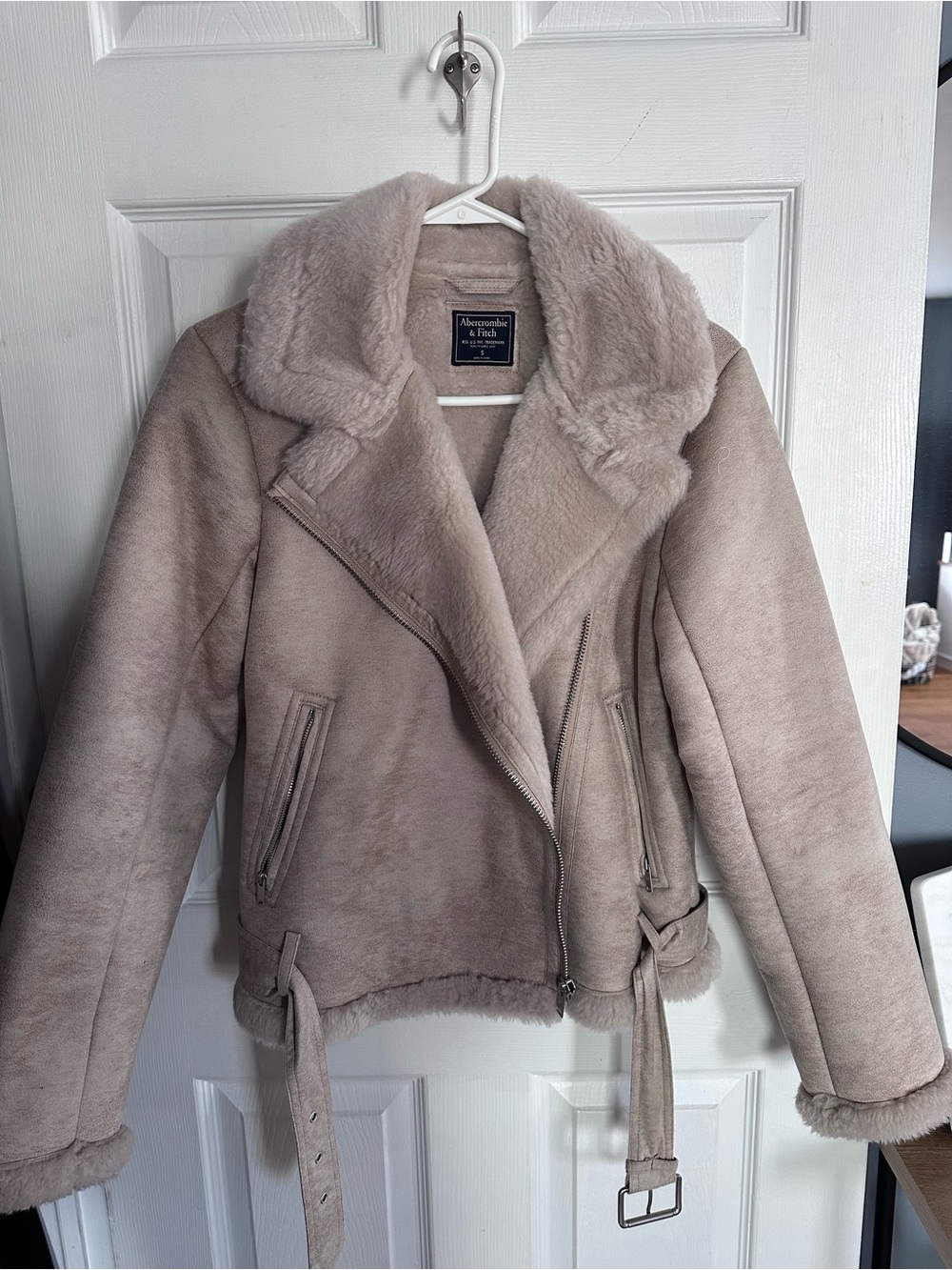 Abercrombie & Fitch Women's Taupe Faux Shearling Biker Jacket